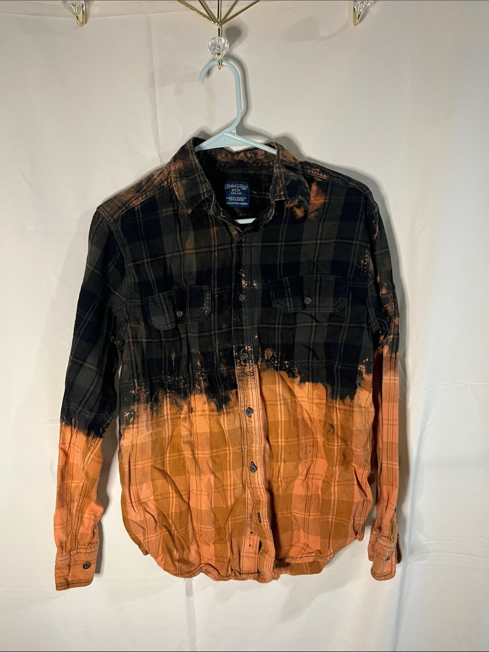 Faded Glory Black and Orange Bleached Plaid Button-Down Shirt